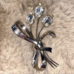 VTG Coro Sterling Crystal 3 Flower Bouquet Ribbon Bow Brooch EUC